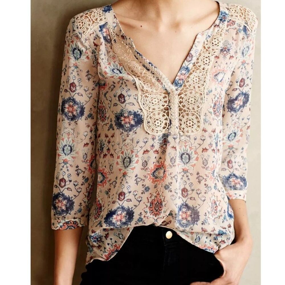 🟢 Anthropologie Maeve Floral Paisley 3/4 Sleeve Top Sz 0